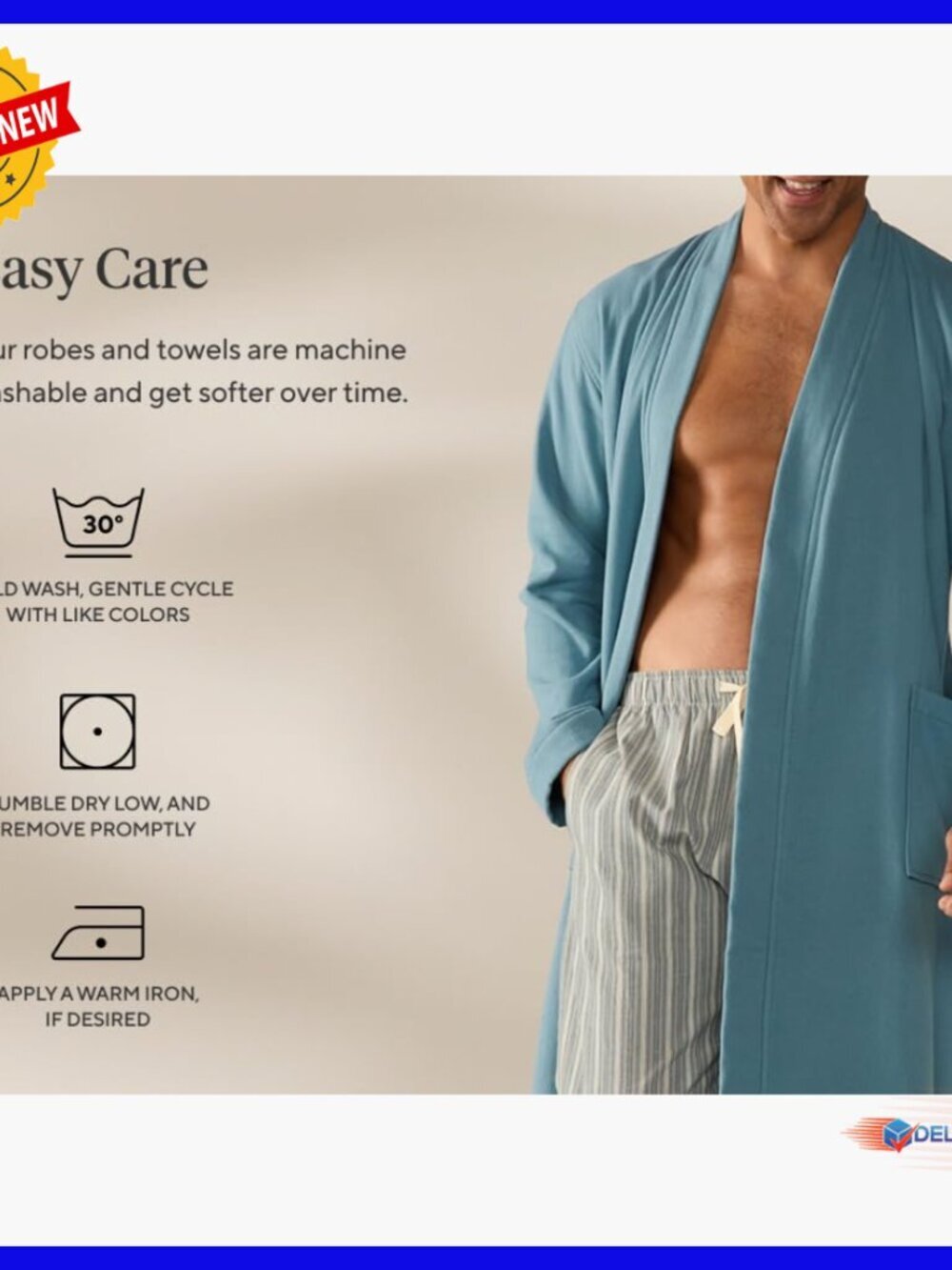 Lightweight Terry Robe Organic Cotton Unisex Bathrobe Adjustable Belt - Picture 4 of 7